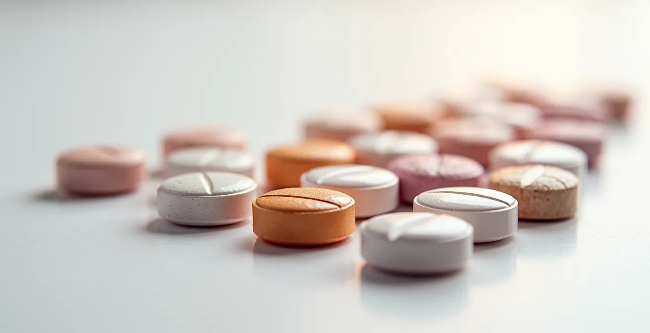 Macro shot of different colored pharmaceutical tablets arranged in overlapping circles