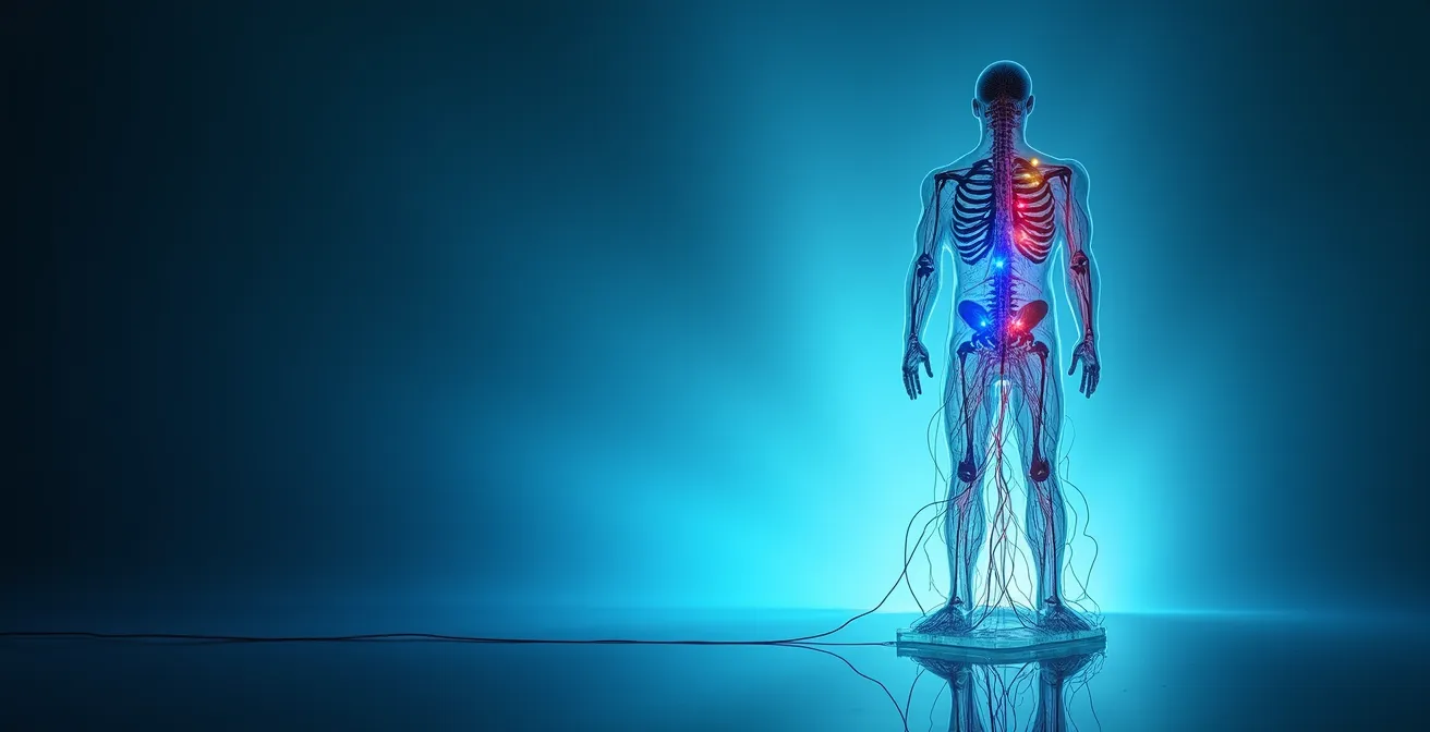 Human silhouette with abstract flowing pathways representing different treatment routes