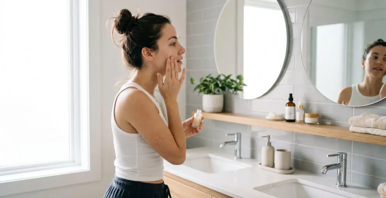 Femme vue de profil appliquant un soin sur son visage devant un miroir dans une salle de bain moderne éclairée naturellement