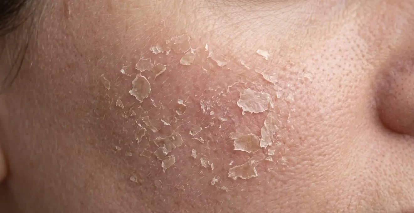 Extreme close-up of facial skin showing visible surface flaking and texture irregularity indicating barrier dysfunction, clinical macro detail
