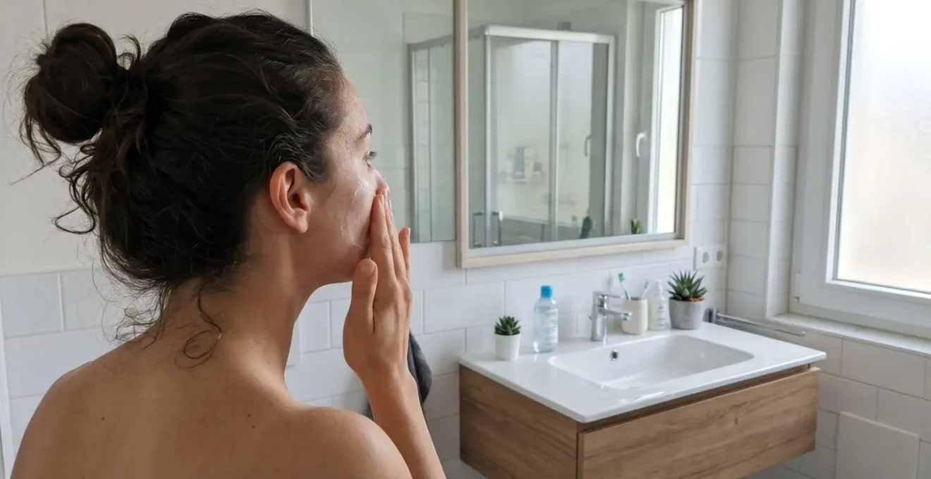Person gently pressing cream onto cheek in contemporary bathroom with natural window light, profile view showing careful application technique