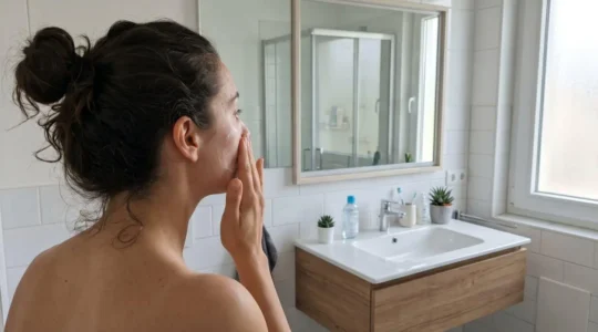 Person gently pressing cream onto cheek in contemporary bathroom with natural window light, profile view showing careful application technique