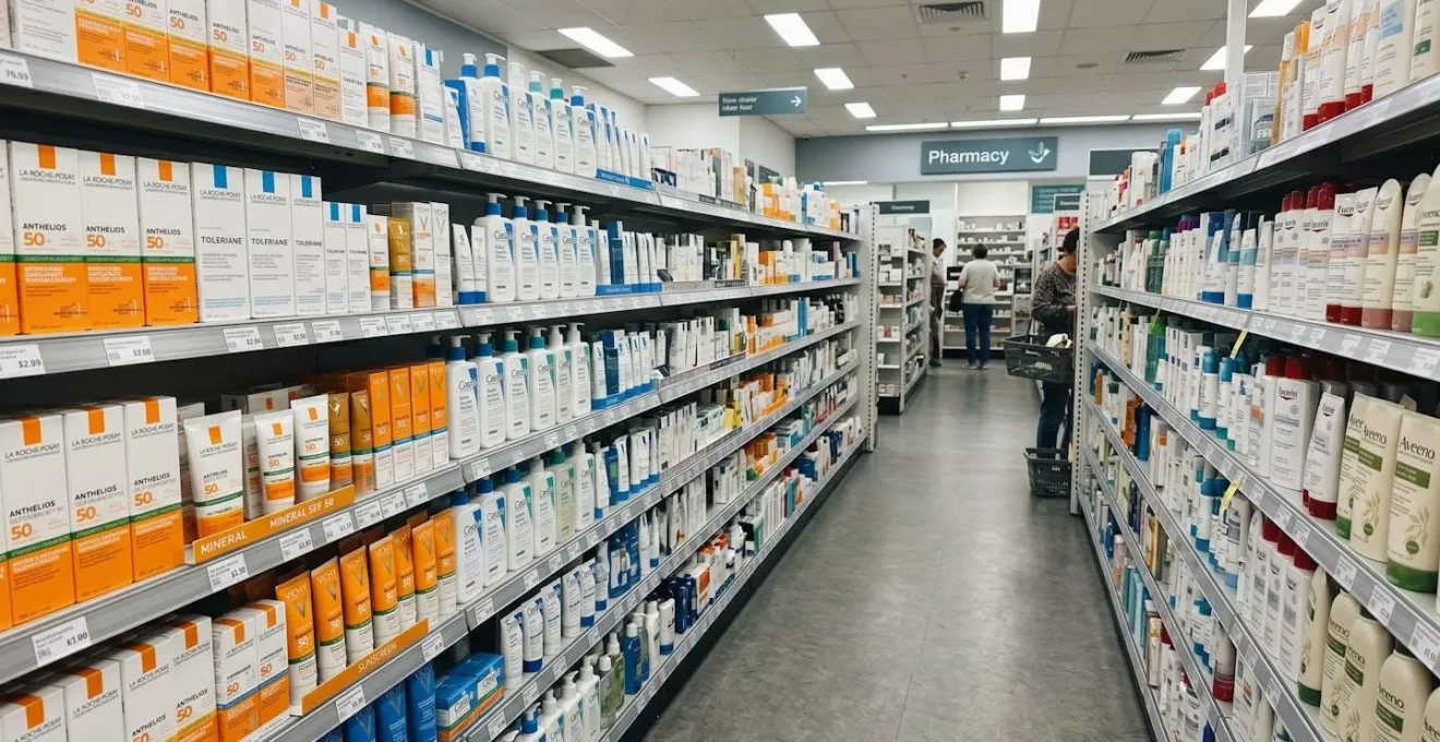 Pharmacy skincare section showing dermatological SPF products on shelf, clean retail environment with professional healthcare product display
