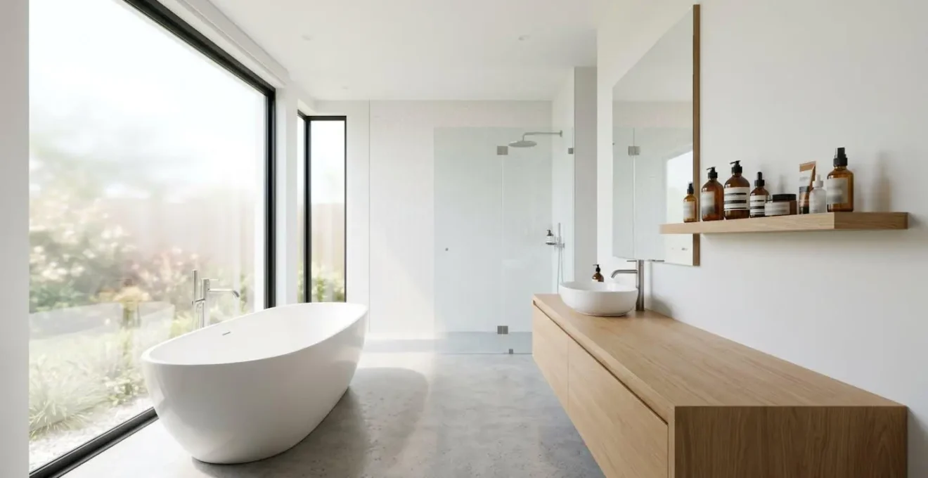 Salle de bain contemporaine baignée de lumière naturelle avec étagère minimaliste présentant des produits dermocosmétiques aux étiquettes floues